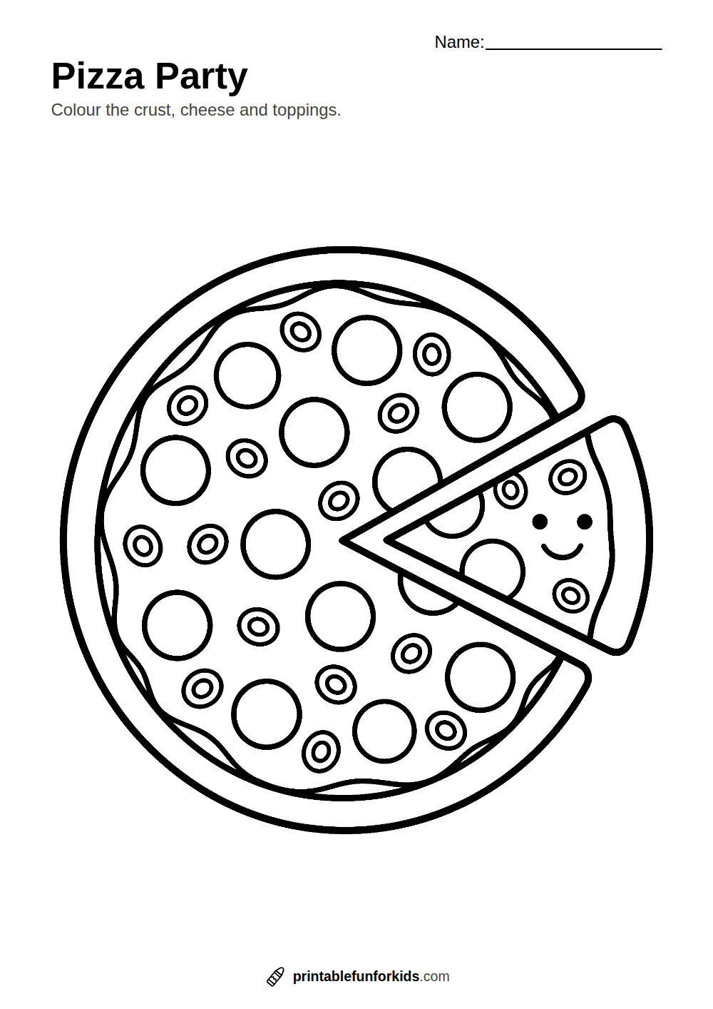 Line drawing of a pizza with pepperoni and olives and one smiling slice, ready to colour in