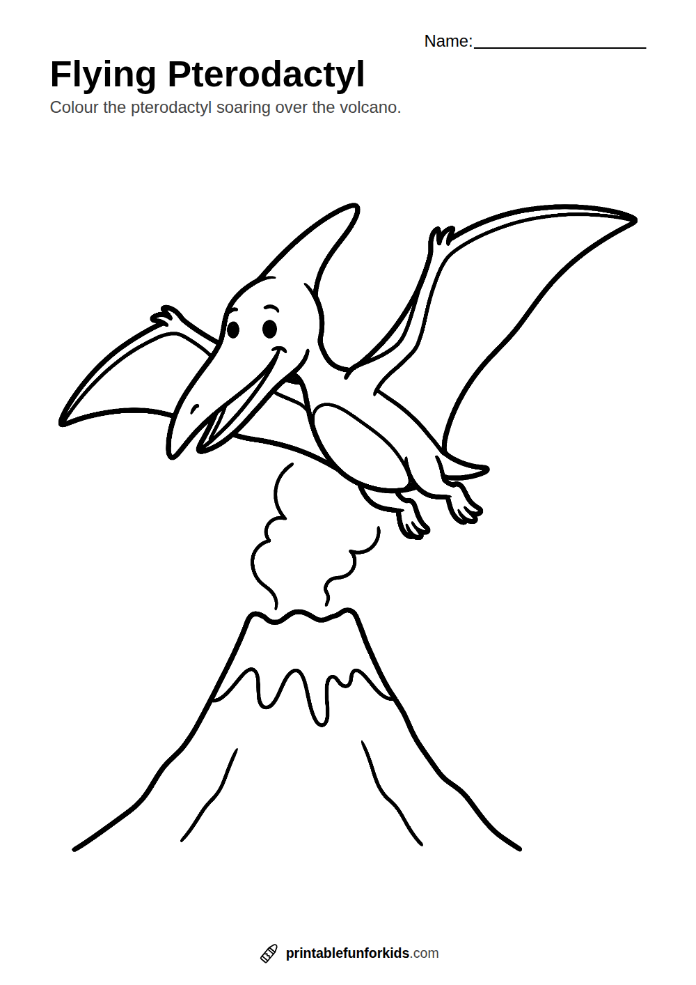 Line drawing of a pterodactyl flying with its wings spread wide, ready to colour in