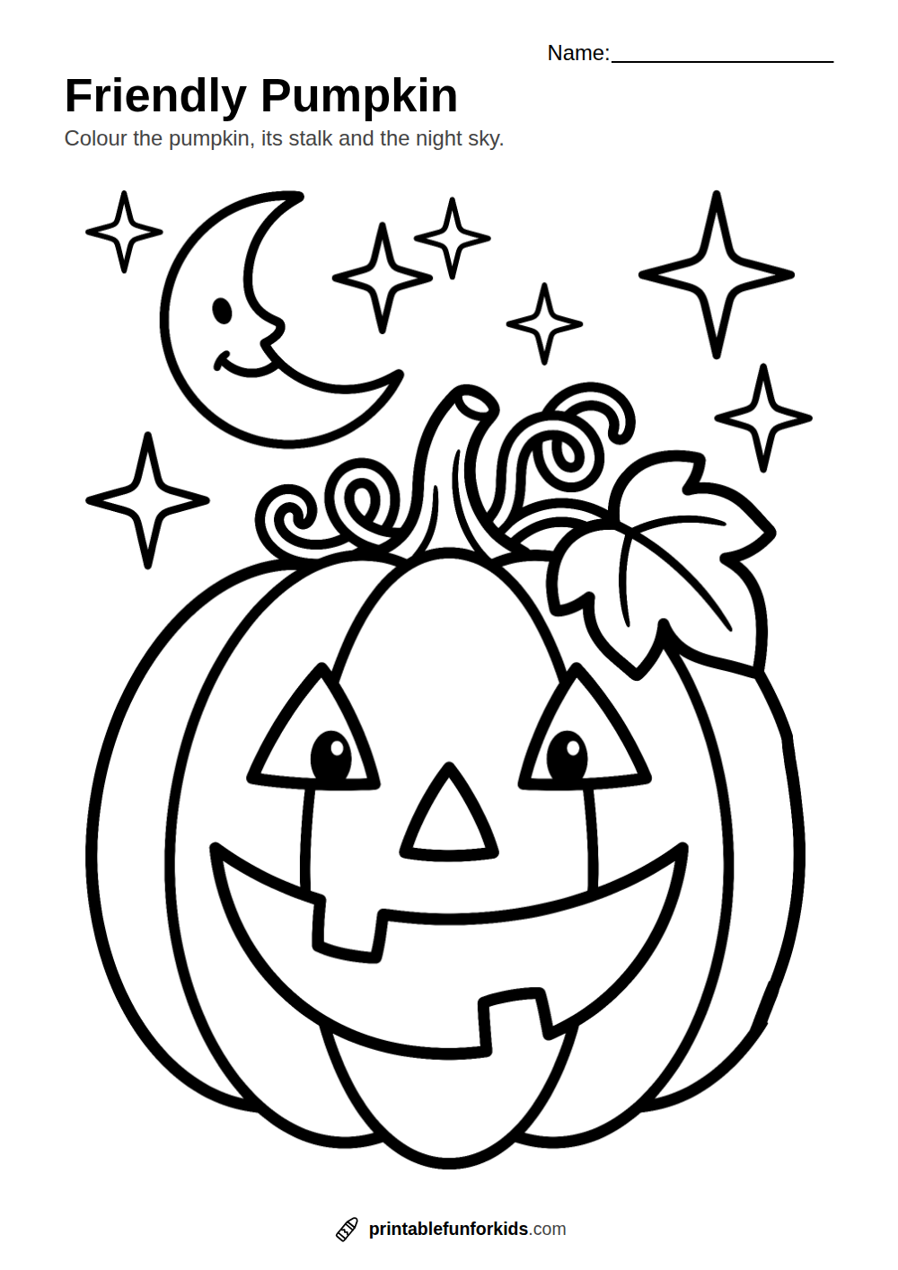 Line drawing of a smiling Halloween jack-o'-lantern pumpkin under the moon, ready to colour in