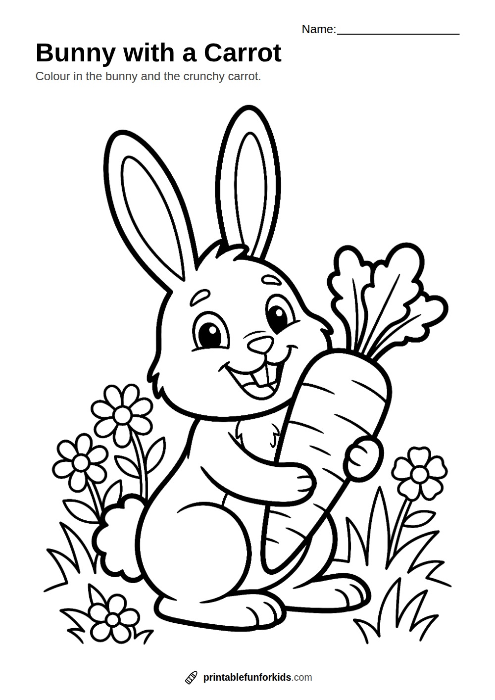 Line drawing of a bunny holding a carrot with flowers and grass, ready to colour in
