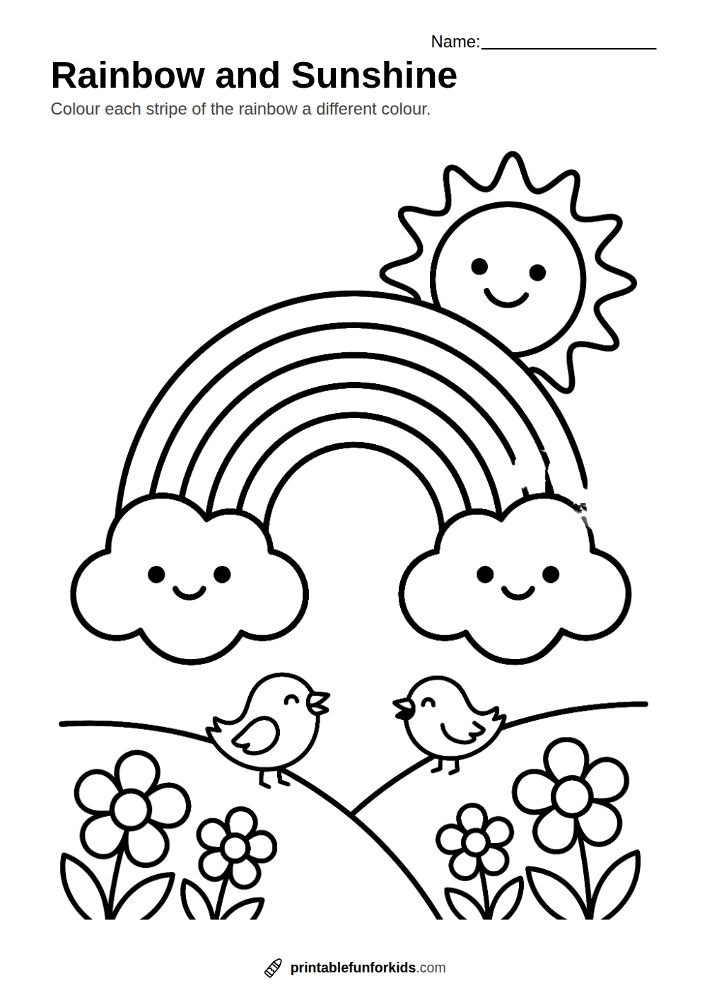 Line drawing of a rainbow between two clouds with a smiling sun and hills, ready to colour in