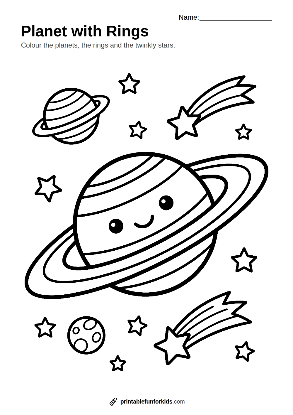 Line drawing of a ringed planet like Saturn with smaller planets and stars, ready to colour in