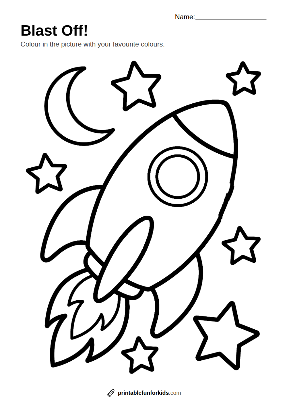 Line drawing of a rocket flying past stars and the moon, ready to colour in