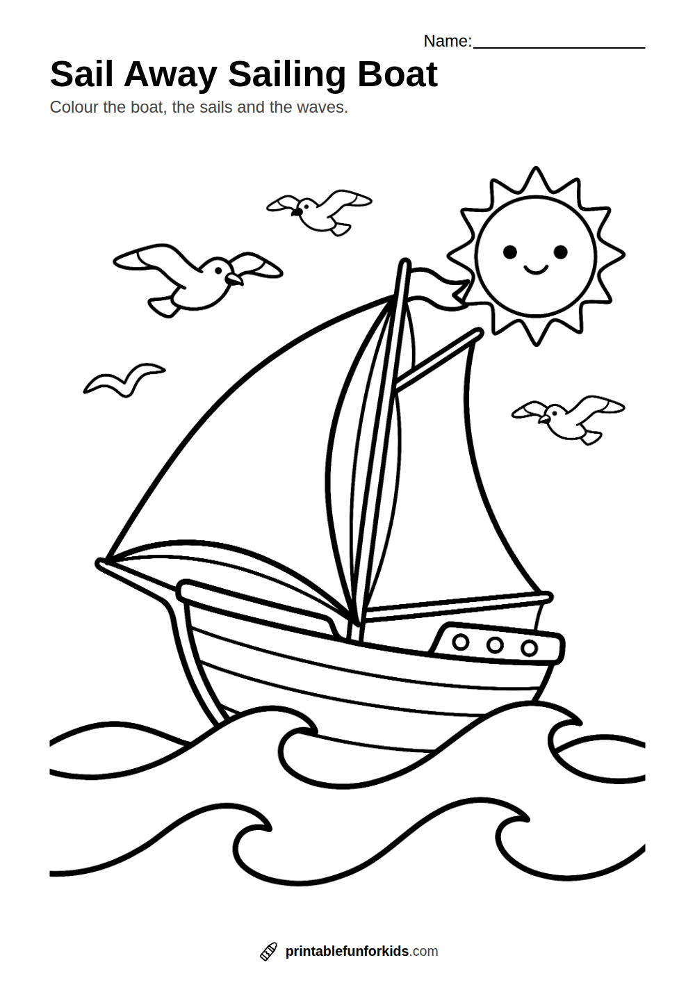 Line drawing of a sailing boat on the sea with seagulls and the sun, ready to colour in