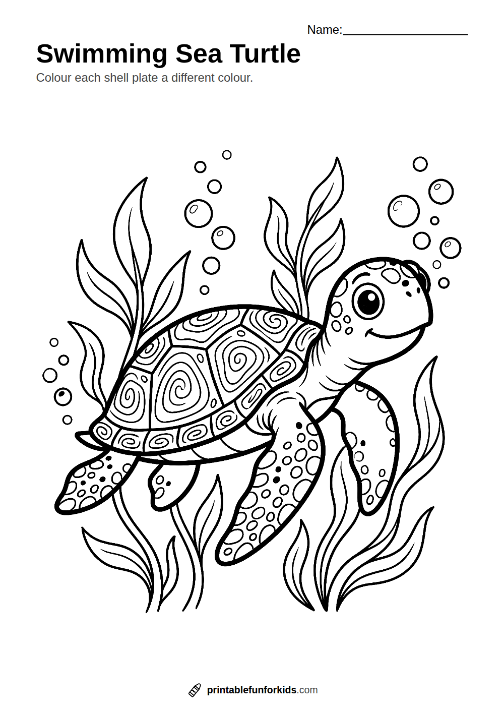 Line drawing of a happy sea turtle swimming past seaweed, ready to colour in