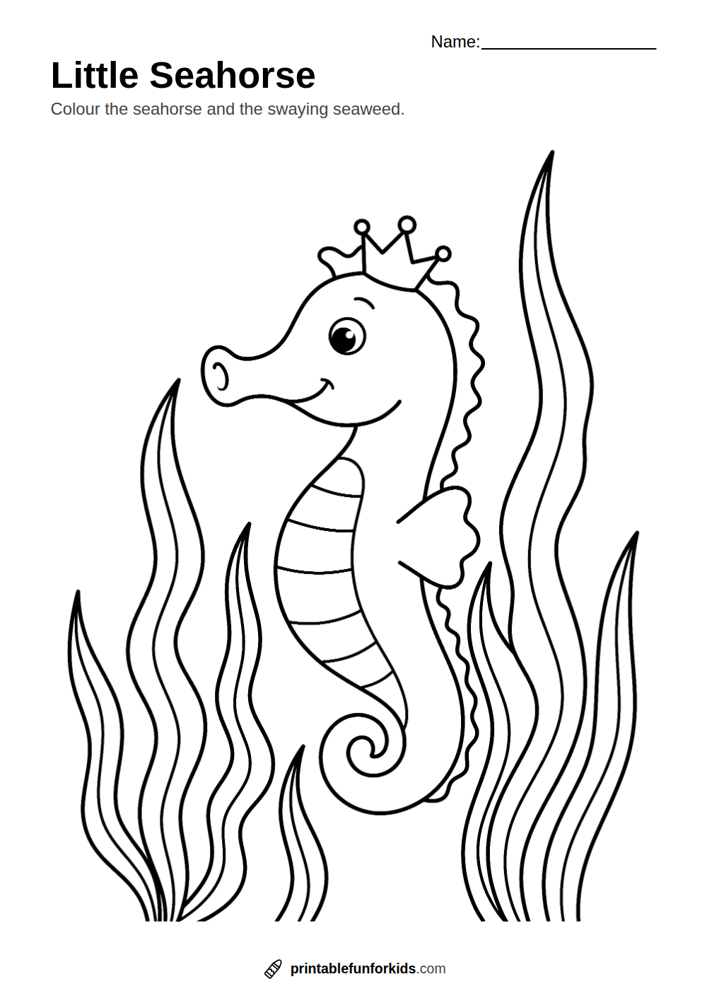 Line drawing of a seahorse with a curly tail among seaweed, ready to colour in