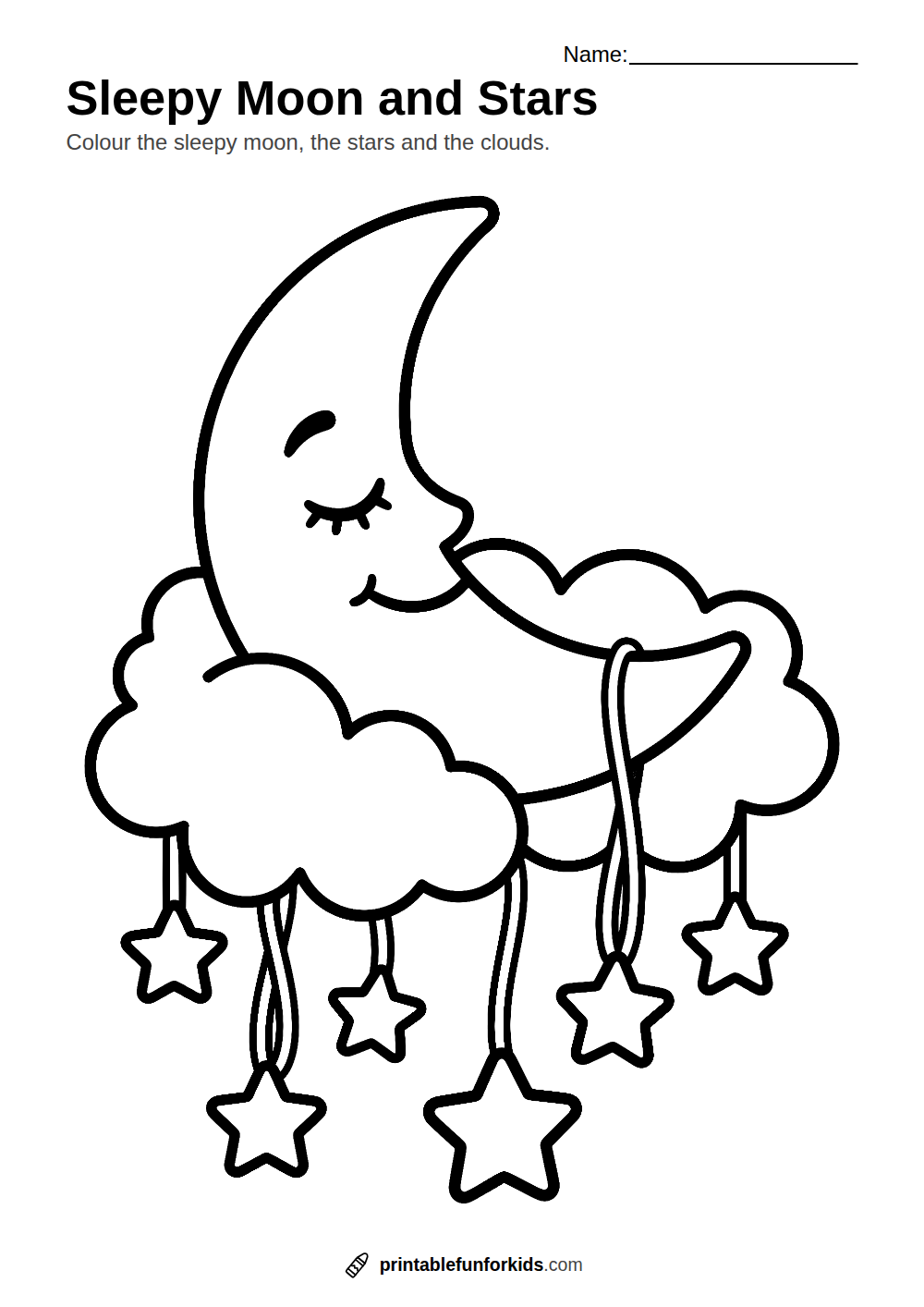 Line drawing of a sleepy crescent moon with hanging stars and clouds, ready to colour in