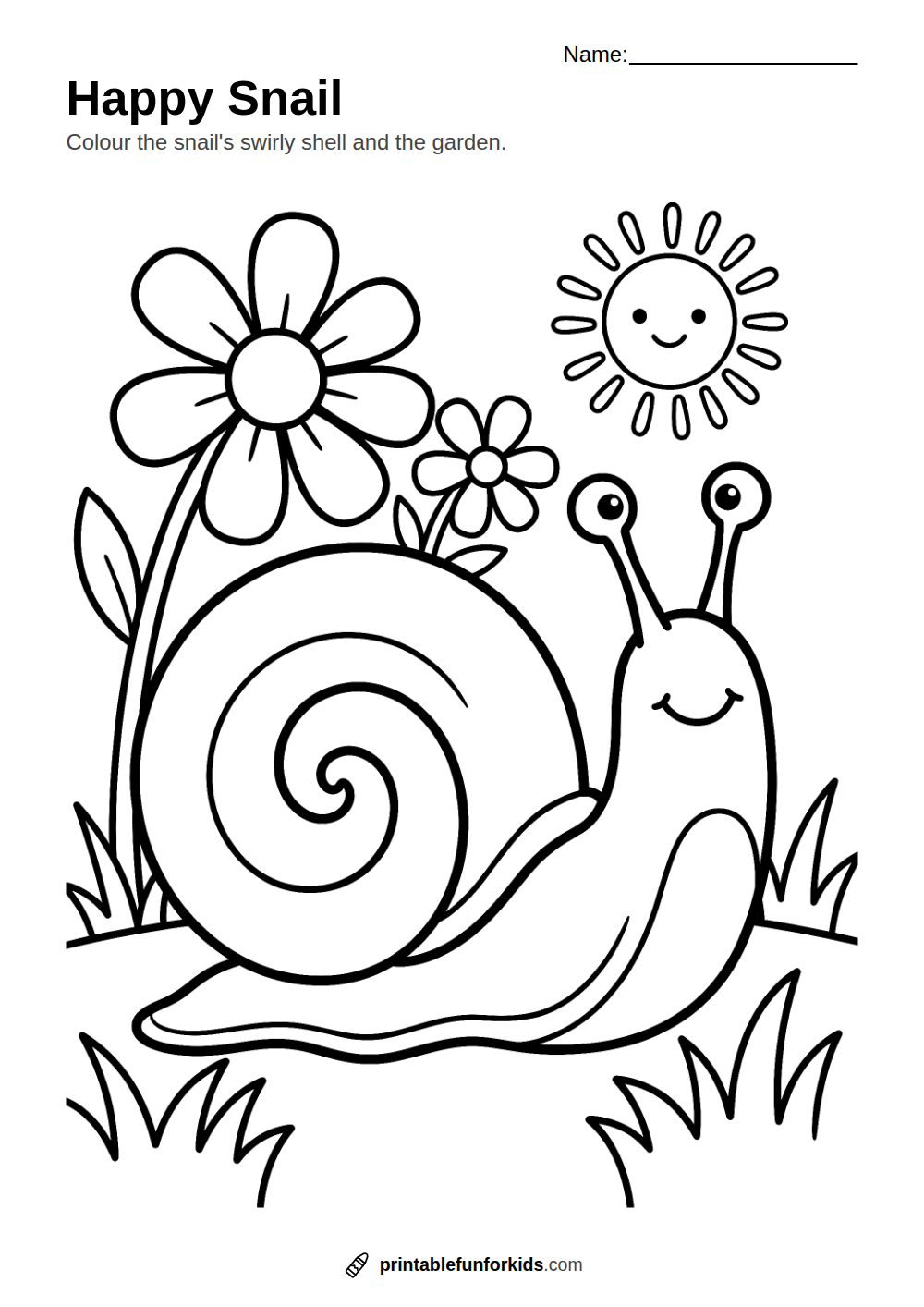 Line drawing of a smiling snail with a big spiral shell in a garden, ready to colour in
