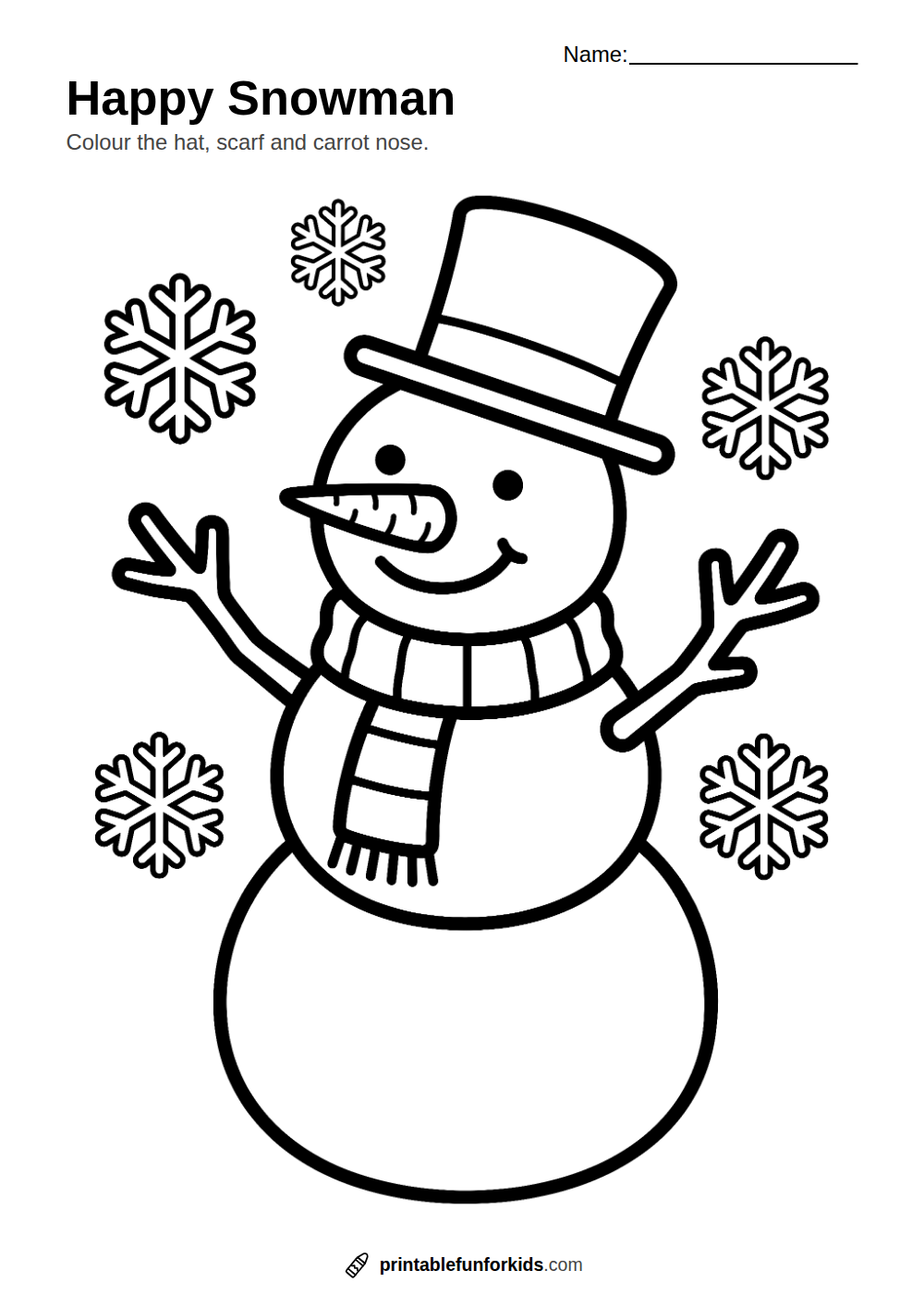 Line drawing of a snowman with a top hat, scarf and carrot nose among snowflakes, ready to colour in