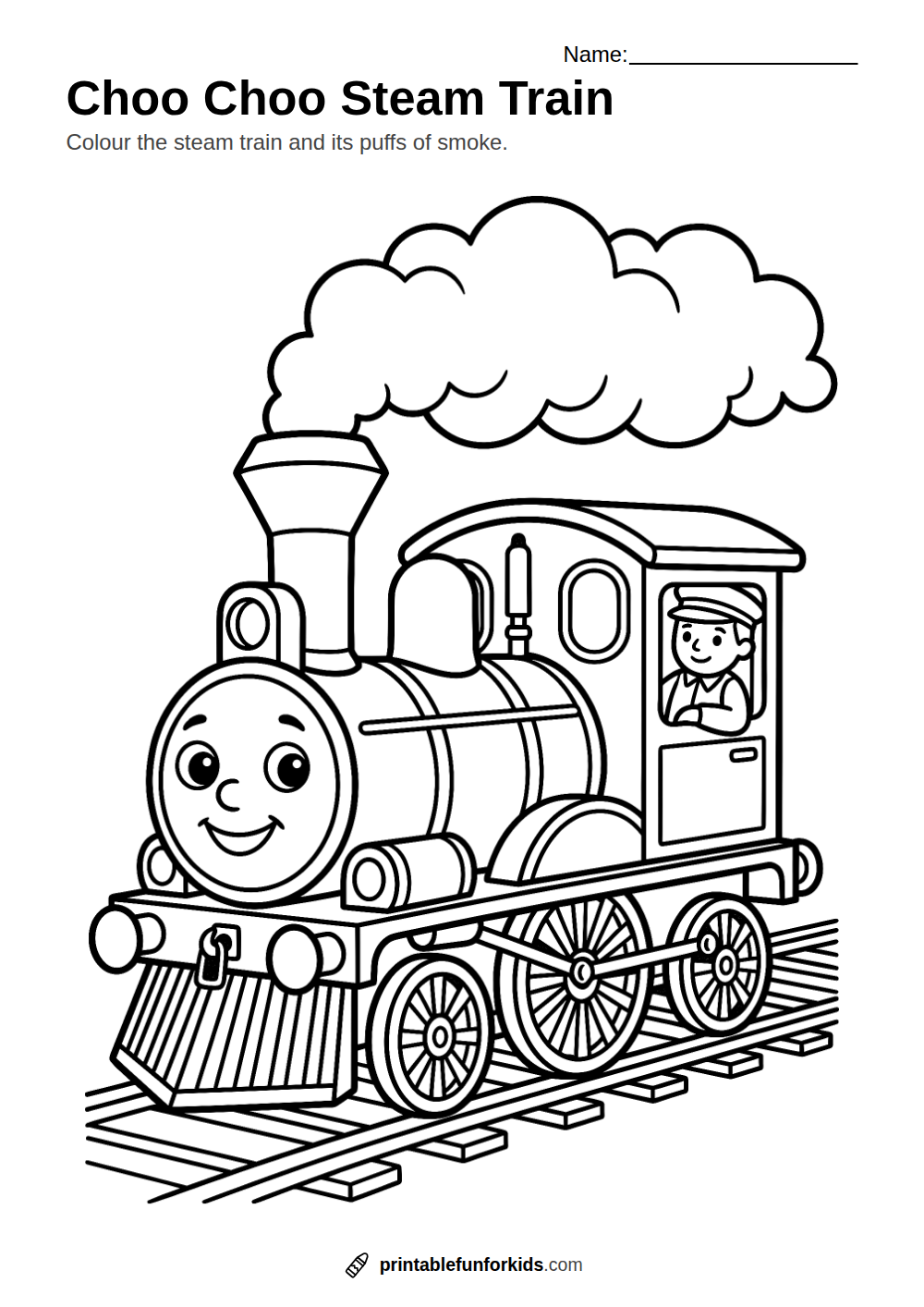 Line drawing of a steam train on a railway track with puffs of smoke, ready to colour in