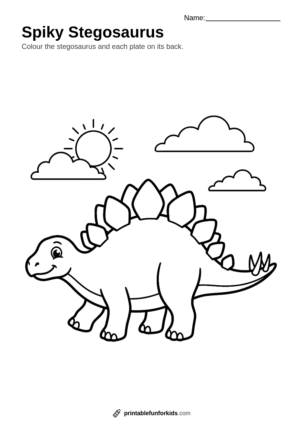 Line drawing of a smiling stegosaurus with plates along its back, ready to colour in
