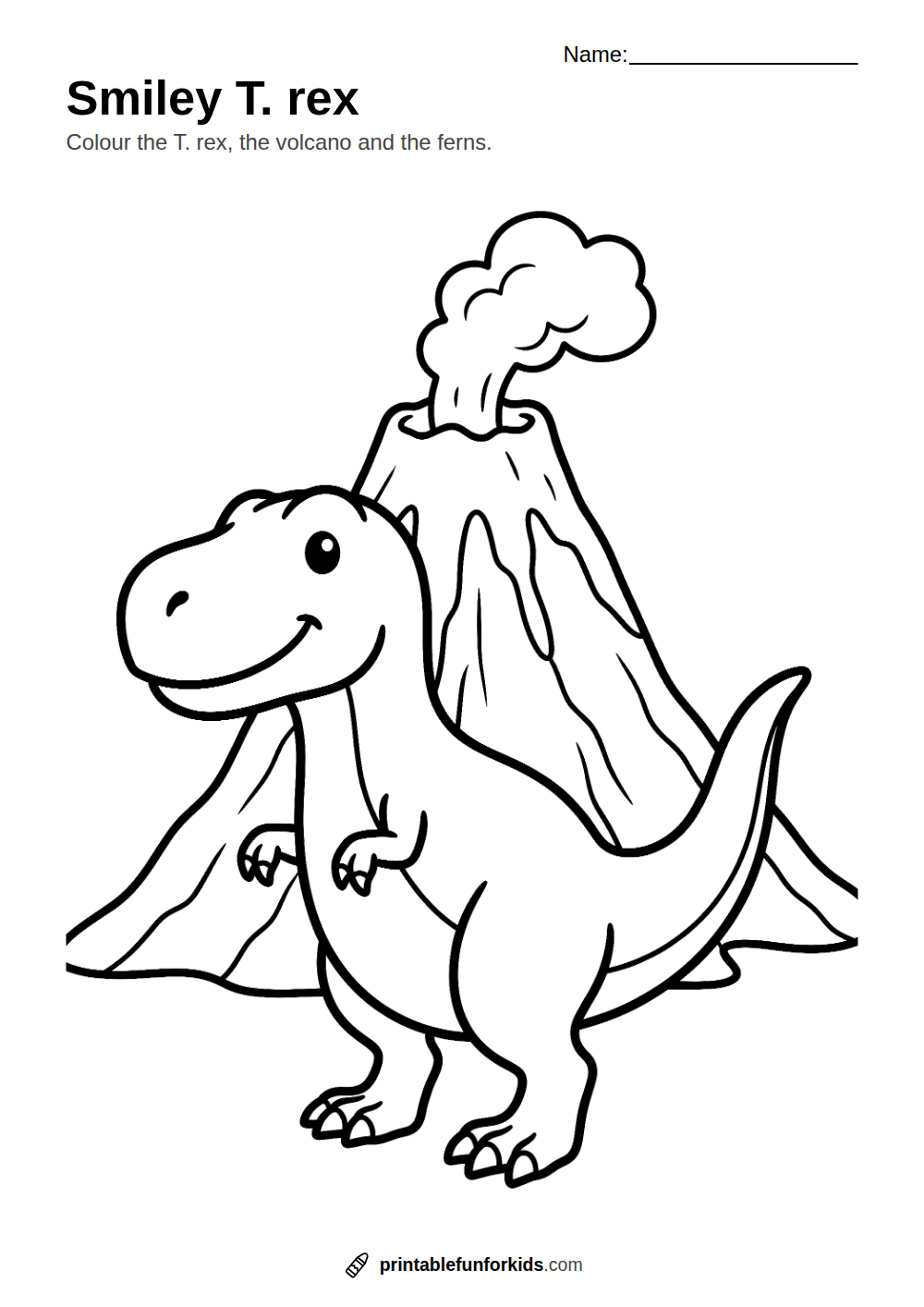 Line drawing of a friendly T. rex with tiny arms in front of a volcano, ready to colour in