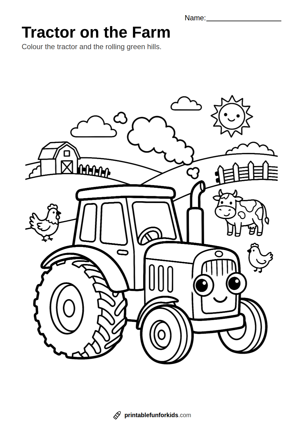 Line drawing of a farm tractor in front of hills, ready to colour in