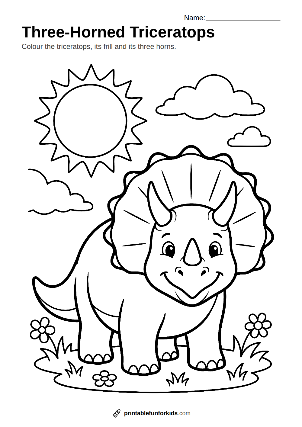 Line drawing of a friendly triceratops with a big frill and three horns, ready to colour in