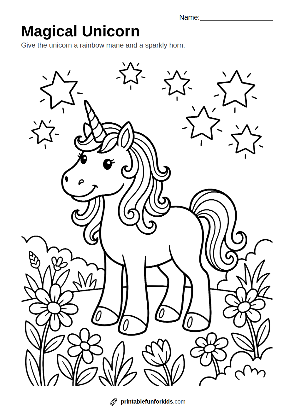Line drawing of a unicorn with a curly mane, a swirly horn and stars, ready to colour in