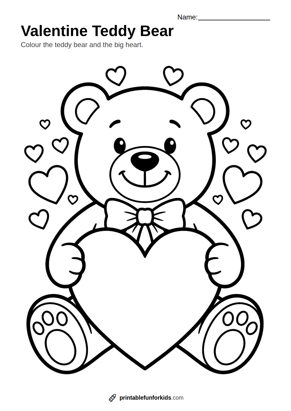 Line drawing of a teddy bear with a bow tie holding a big heart, ready to colour in