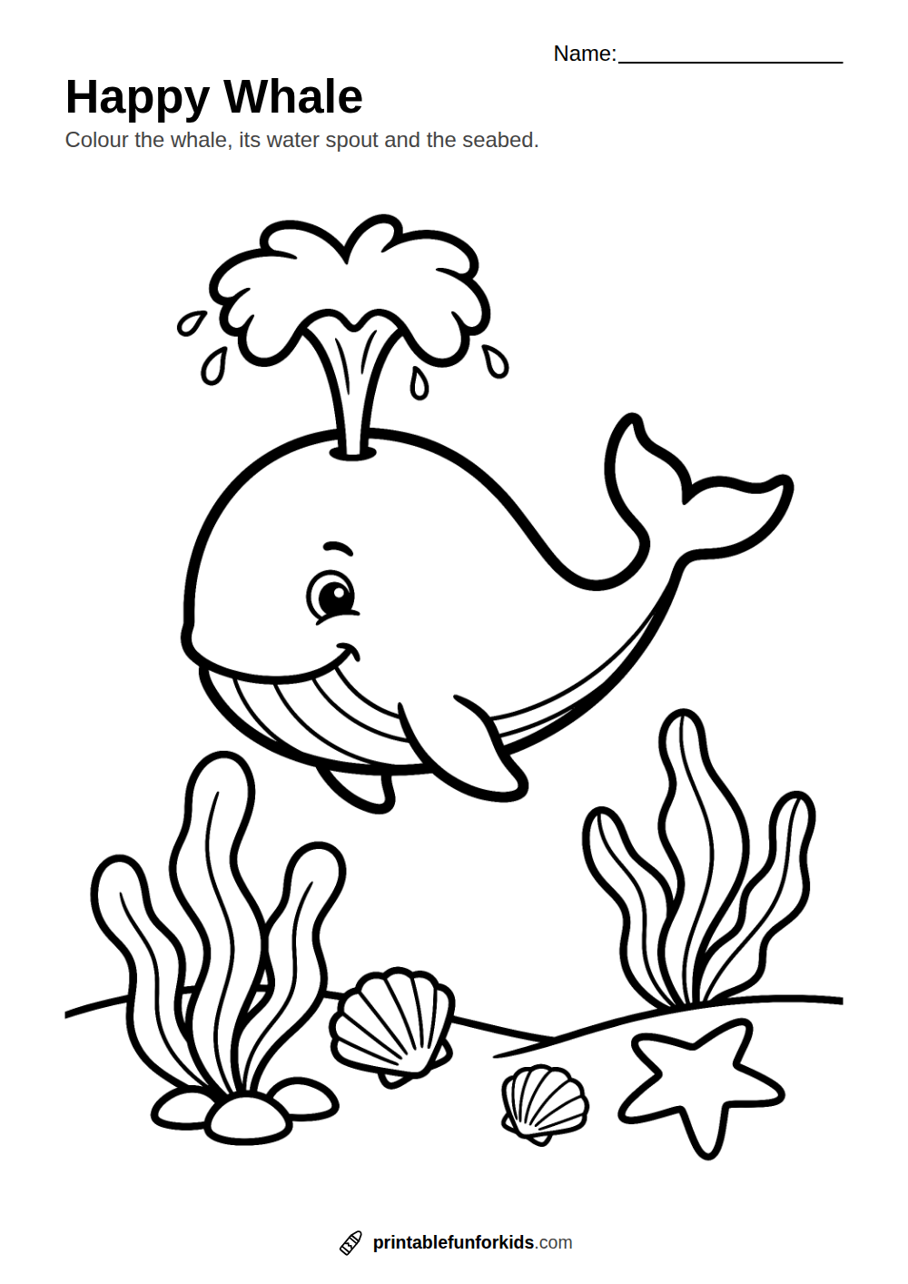 Line drawing of a smiling whale blowing a water spout above the seabed, ready to colour in