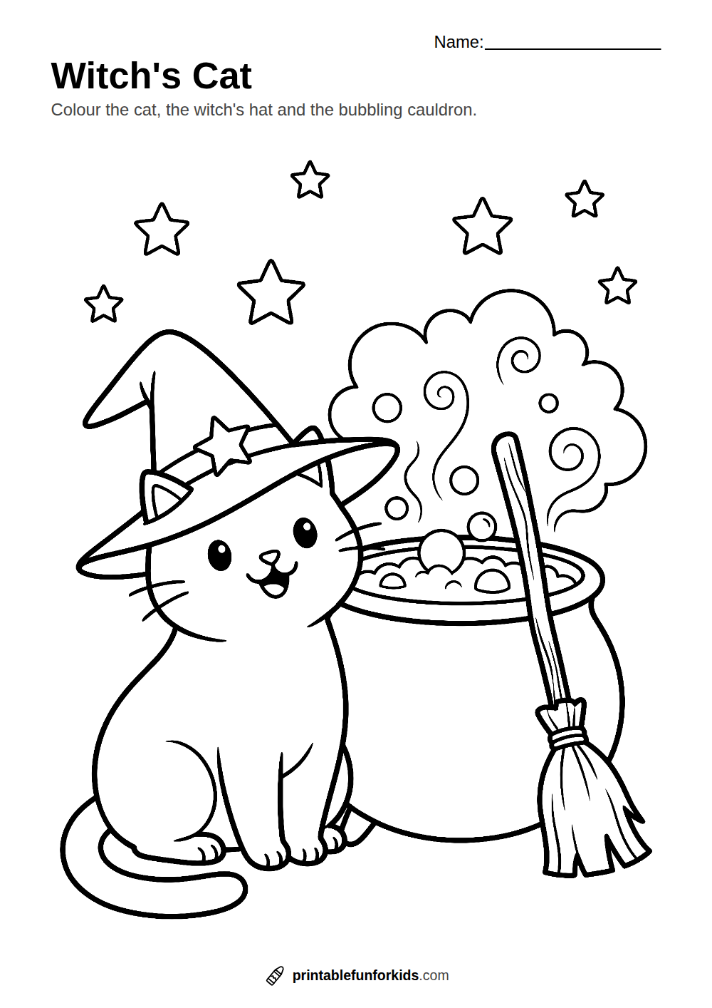 Line drawing of a cat in a pointy witch's hat next to a bubbling cauldron and a broomstick, ready to colour in