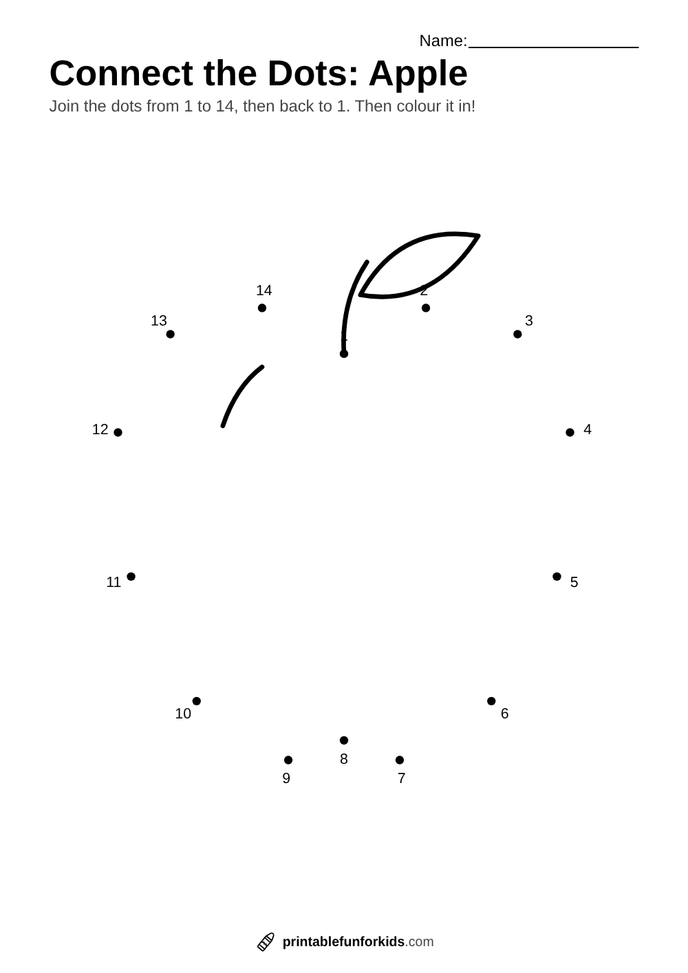 Connect-the-dots worksheet with fourteen numbered dots that make an apple