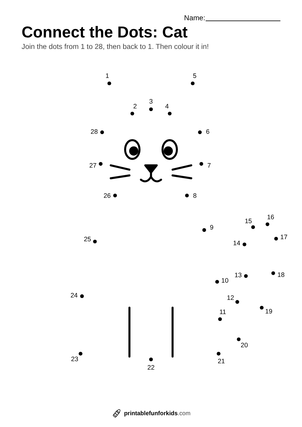 Connect-the-dots worksheet with twenty-eight numbered dots that make a sitting cat