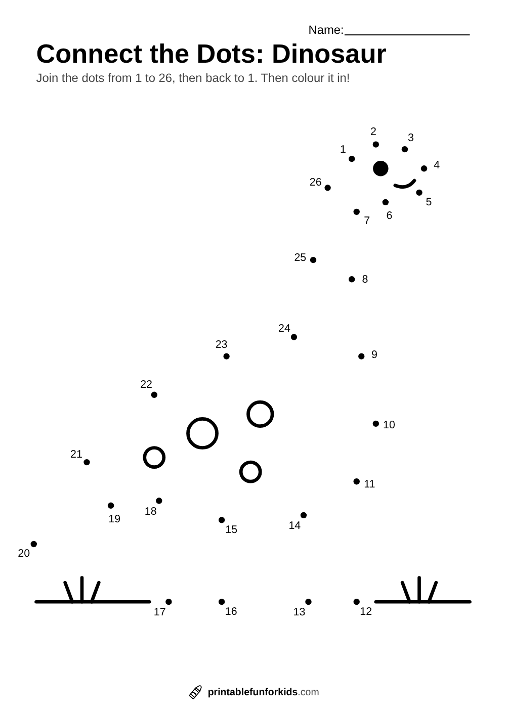 Connect-the-dots worksheet with twenty-six numbered dots that make a long-necked dinosaur