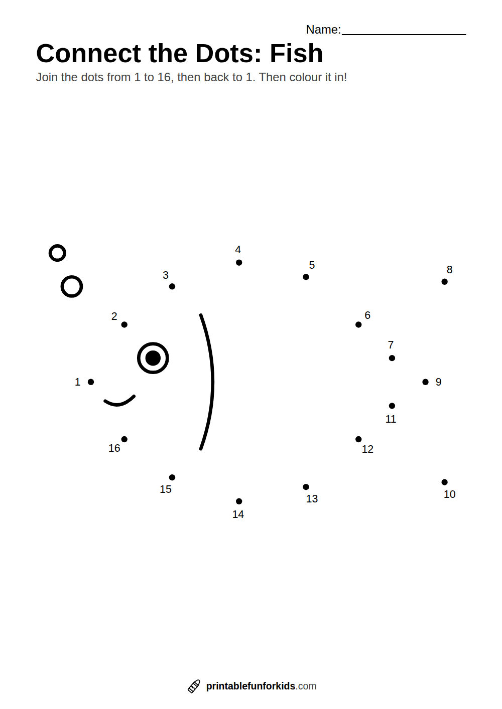 Connect-the-dots worksheet with sixteen numbered dots that make a fish