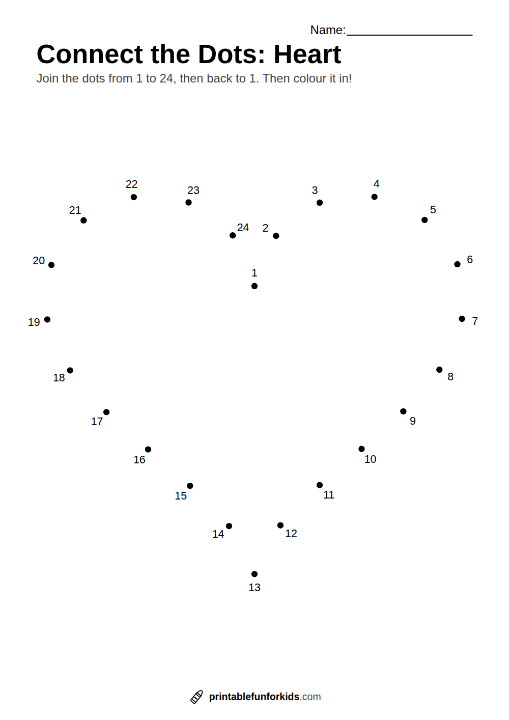 Connect-the-dots worksheet with twenty-four numbered dots that make a heart