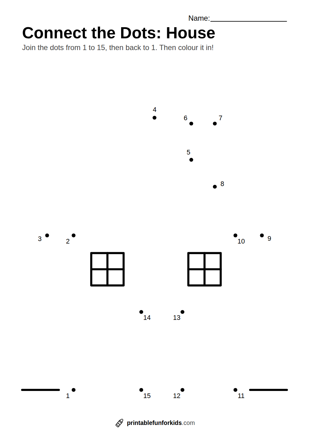 Connect-the-dots worksheet with fifteen numbered dots that make a house