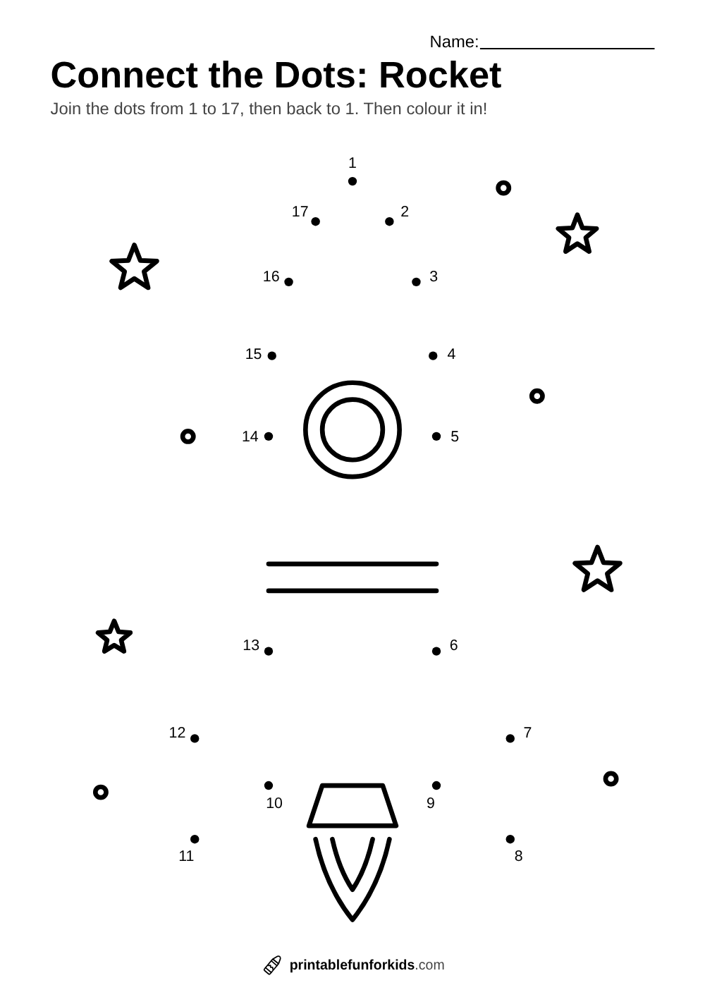 Connect-the-dots worksheet with seventeen numbered dots that make a rocket among stars