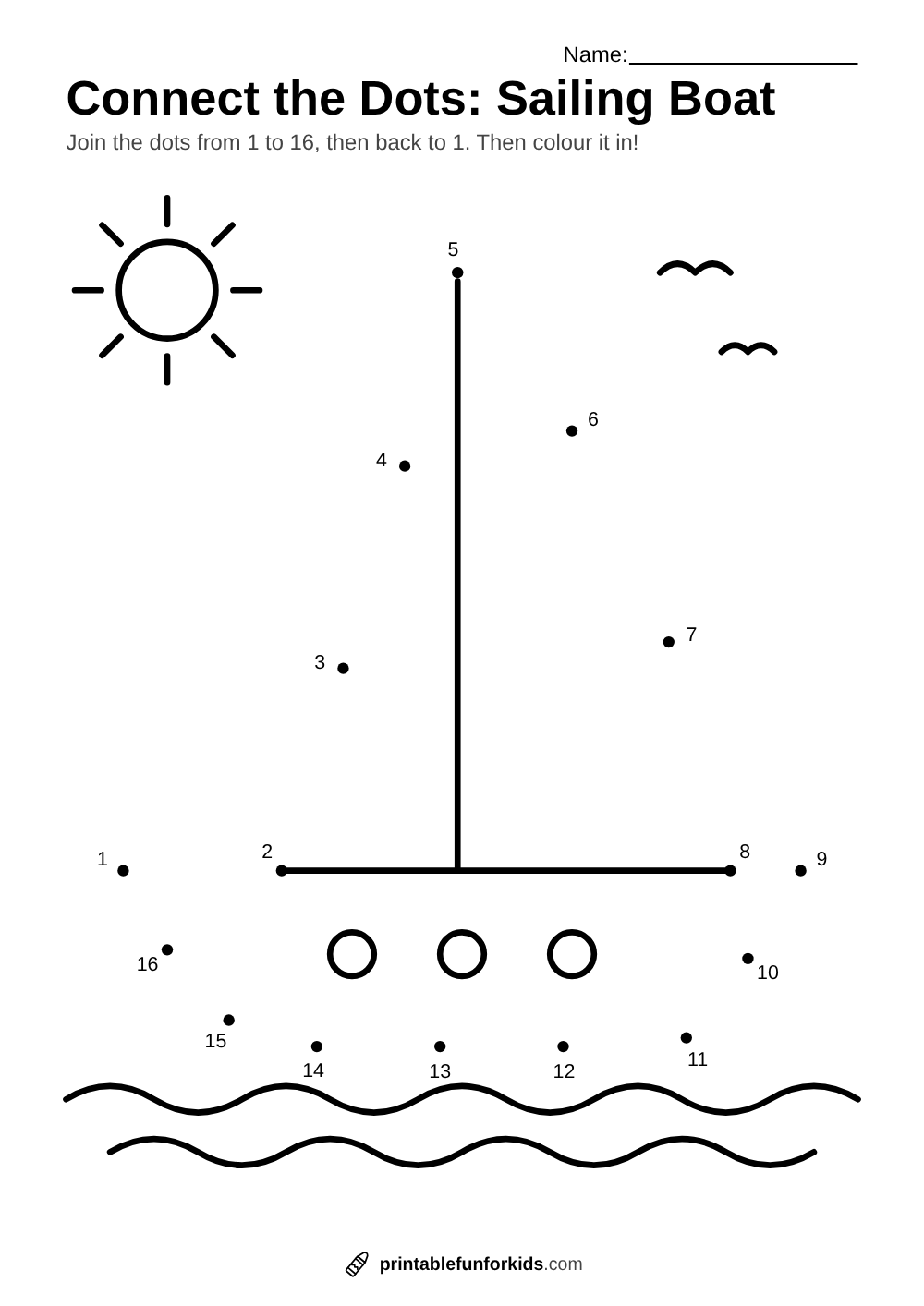 Connect-the-dots worksheet with sixteen numbered dots that make a sailing boat on the waves
