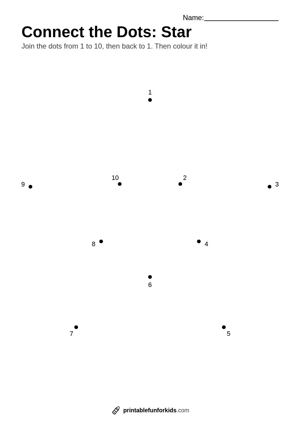 Connect-the-dots worksheet with ten numbered dots that make a star