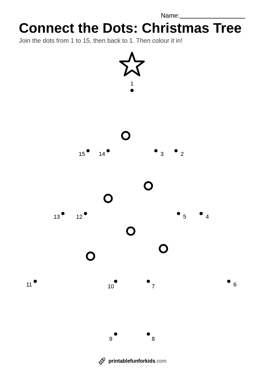 Connect-the-dots worksheet with fifteen numbered dots that make a Christmas tree
