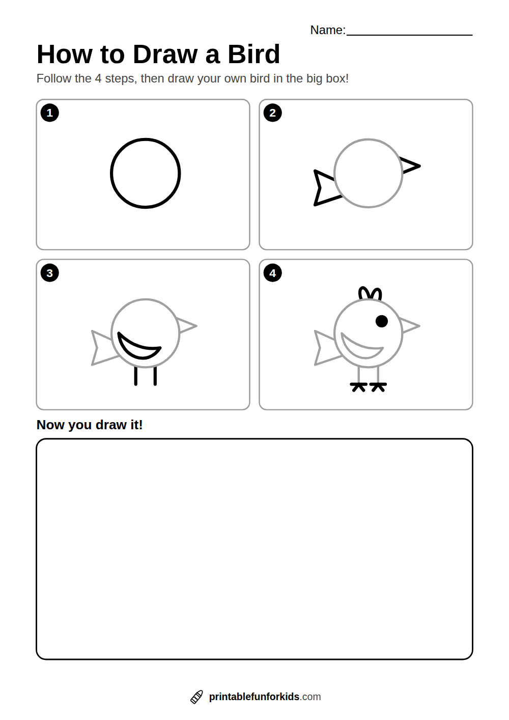 Four-step guide showing how to draw a bird, from a circle to a finished bird