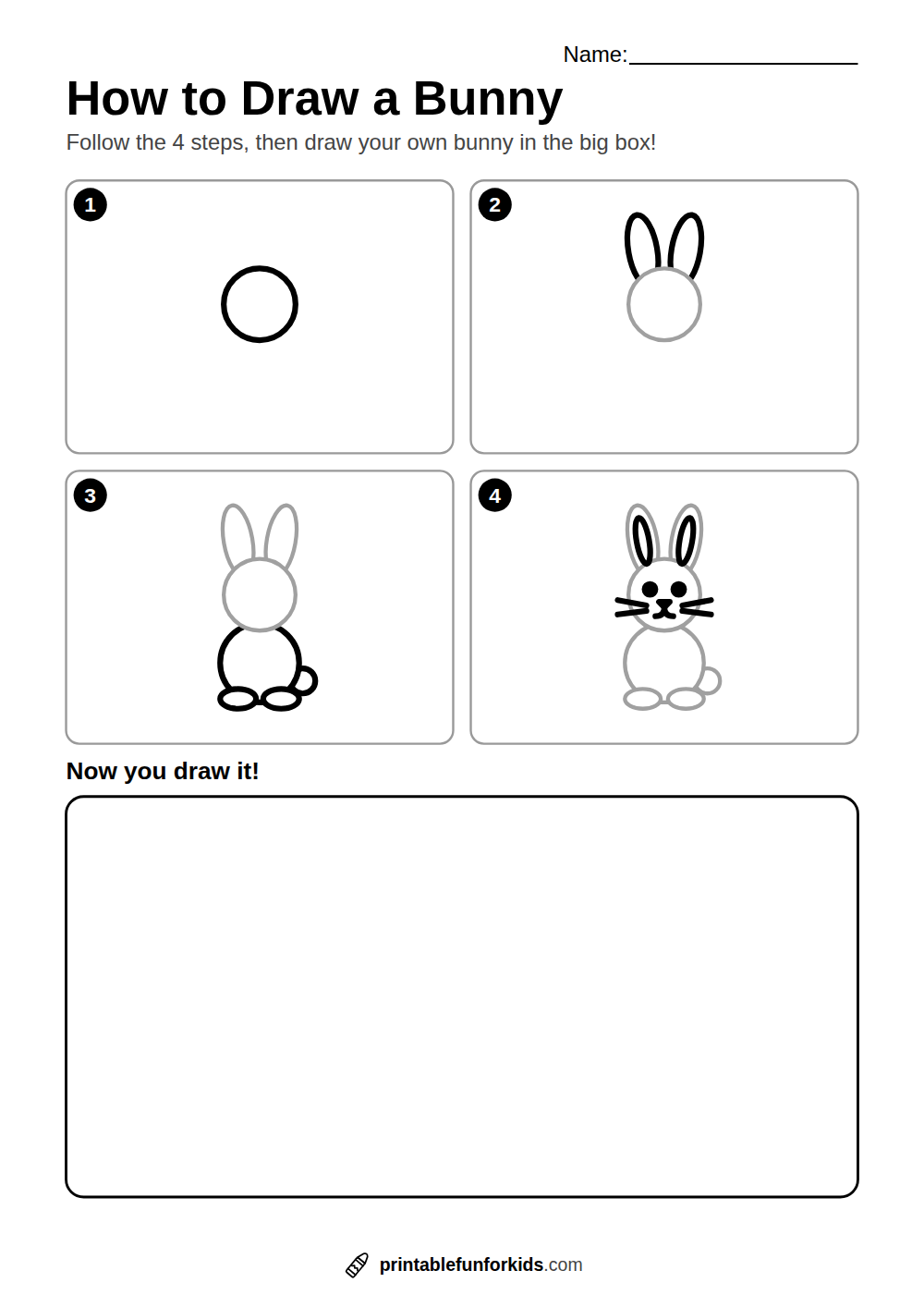 Four-step guide showing how to draw a bunny, from a circle to a finished bunny