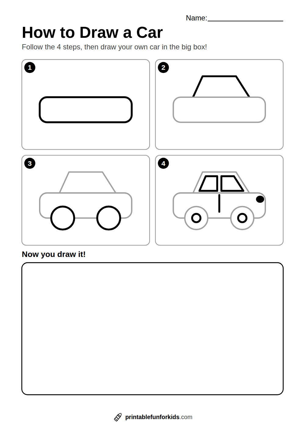 Four-step guide showing how to draw a car, from a rectangle to a finished car