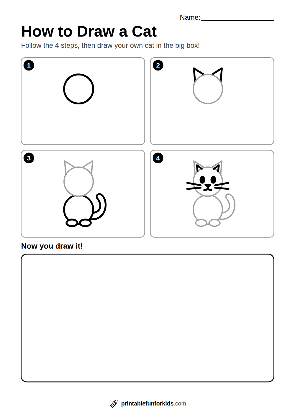 Four-step guide showing how to draw a cat, from a circle to a finished cat