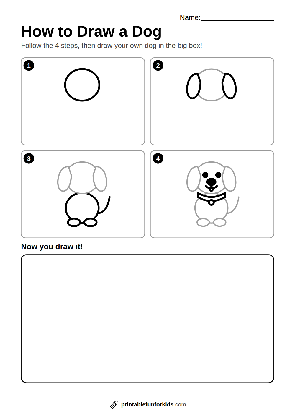 Four-step guide showing how to draw a dog, from an oval to a finished dog