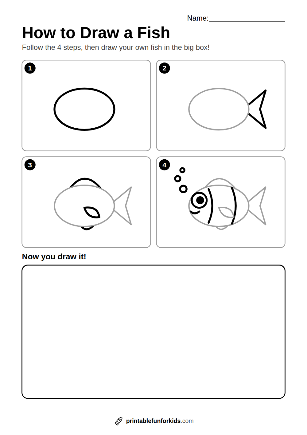 Four-step guide showing how to draw a fish, from an oval to a finished fish