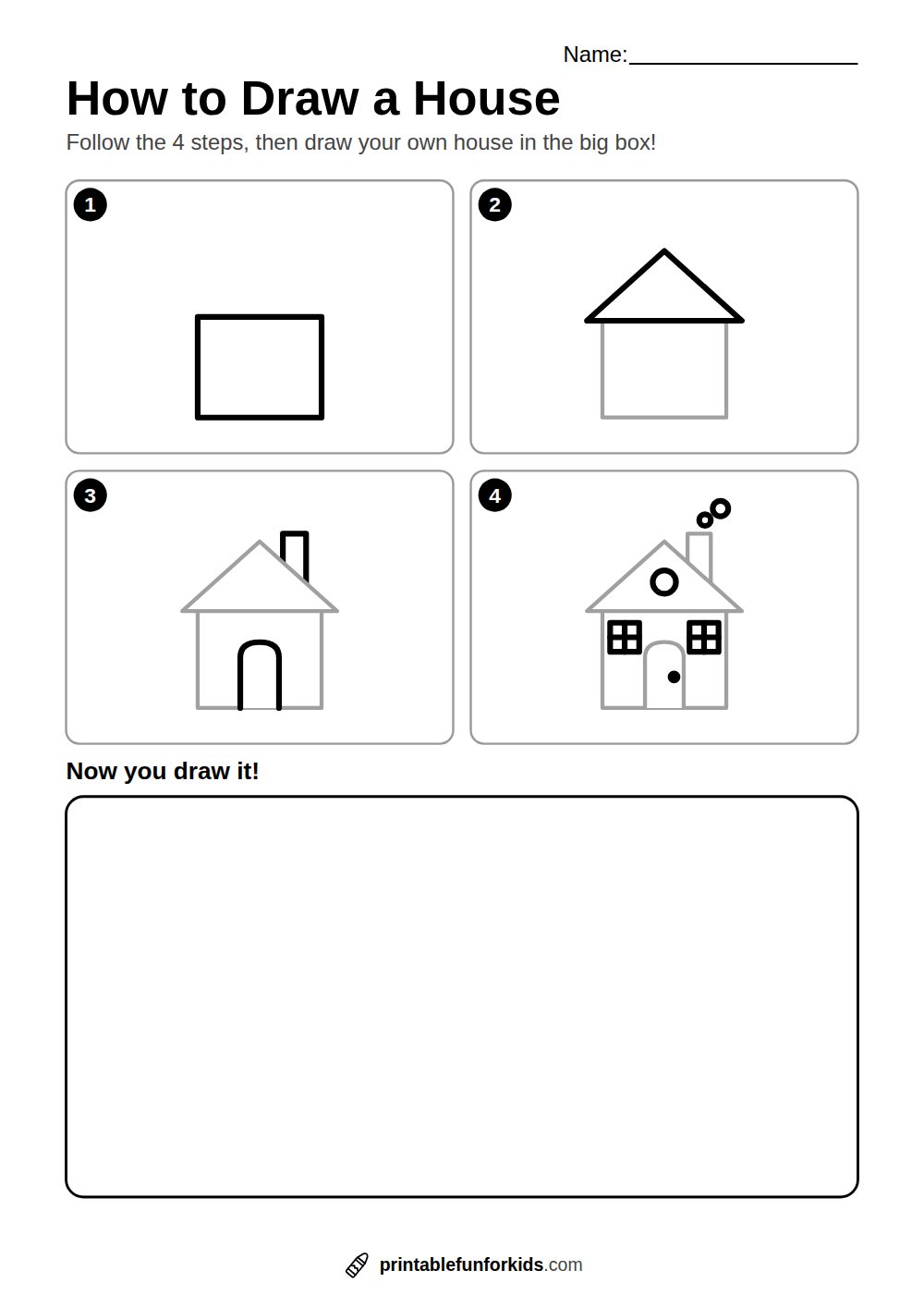 Four-step guide showing how to draw a house, from a square to a finished house