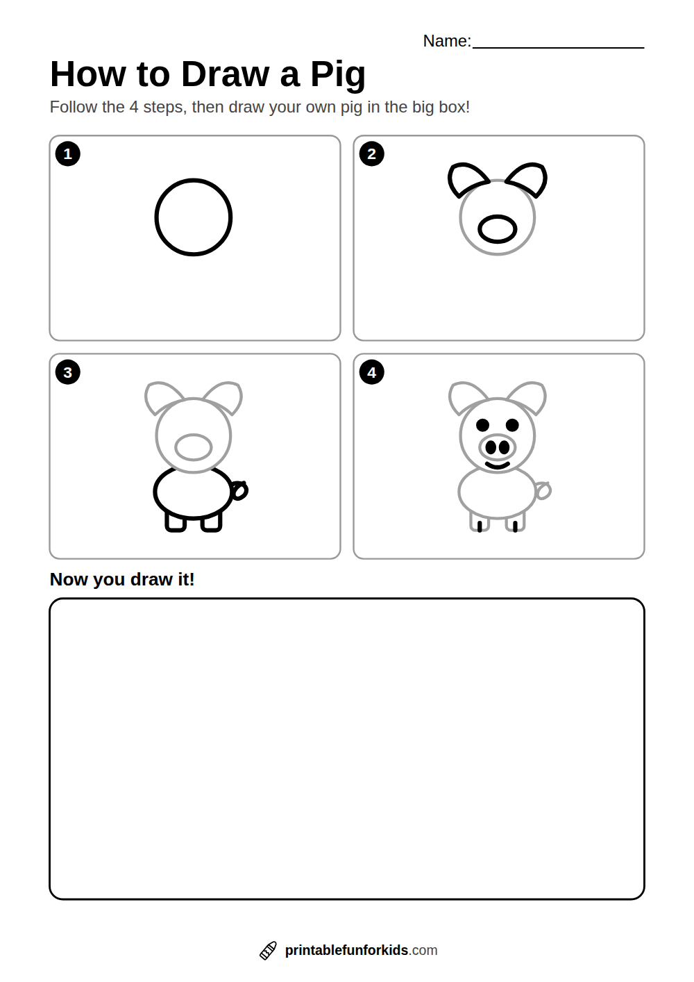 Four-step guide showing how to draw a pig, from a circle to a finished pig