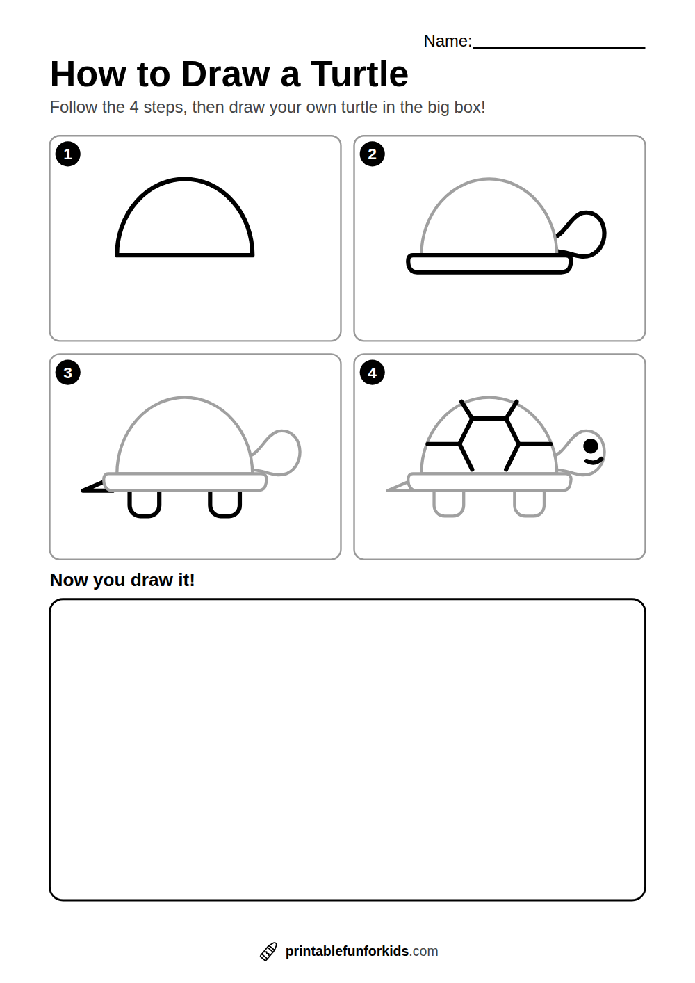 Four-step guide showing how to draw a turtle, from a half-circle shell to a finished turtle