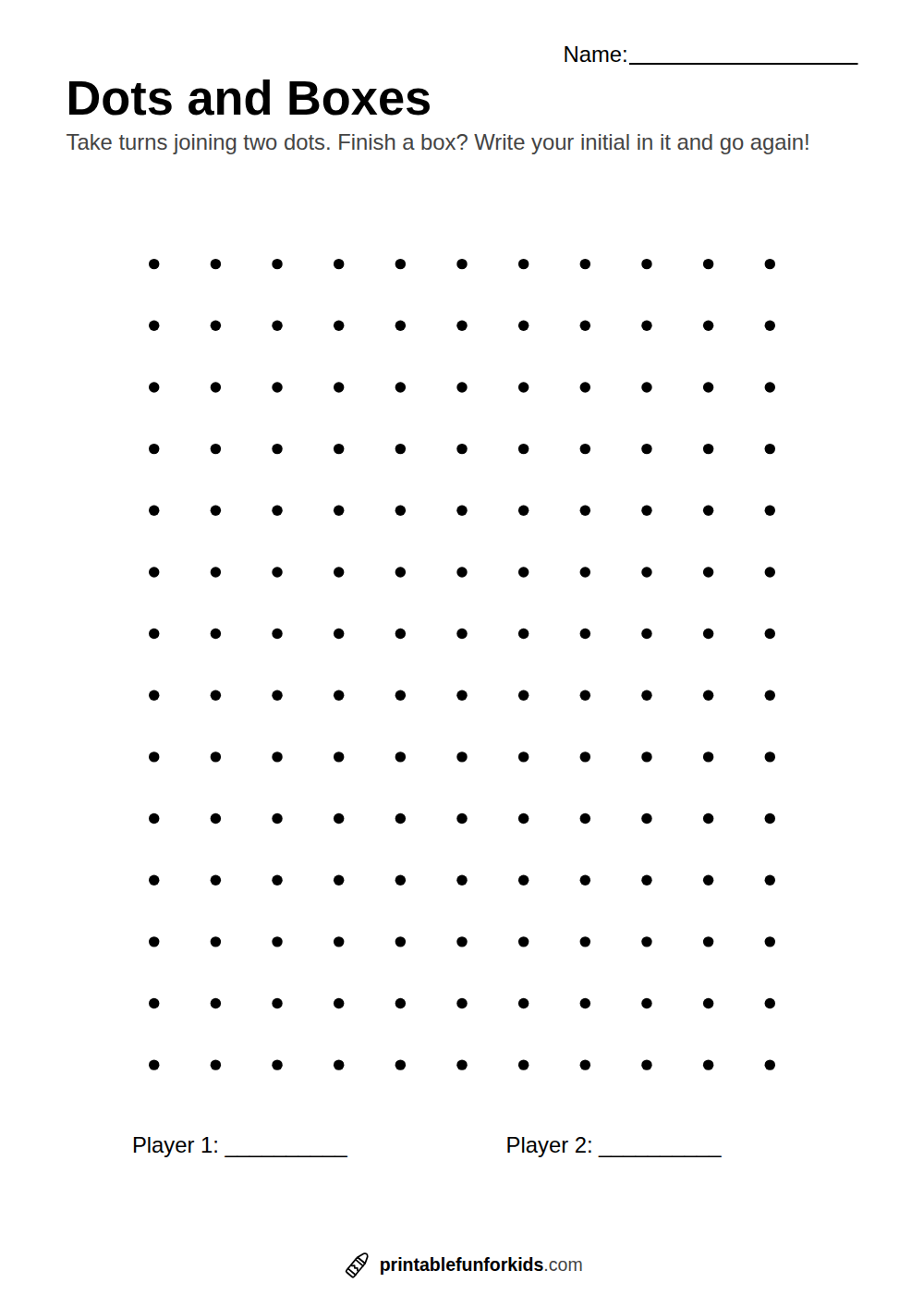 Printable dots and boxes game grid with spaces for two players' scores