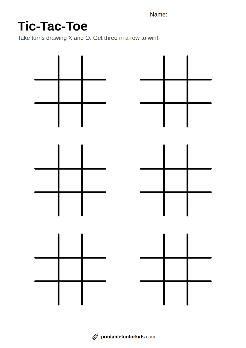 Printable sheet with six tic-tac-toe game boards