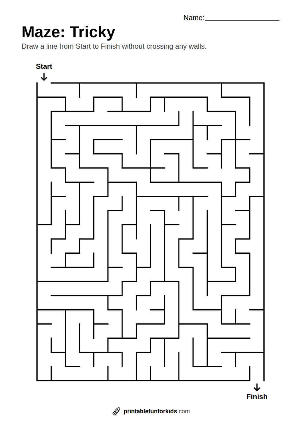 Hard printable maze with many narrow paths, a start and a finish