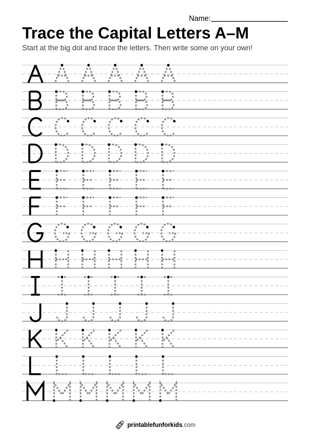 Alphabet tracing worksheet with dashed capital letters A to M
