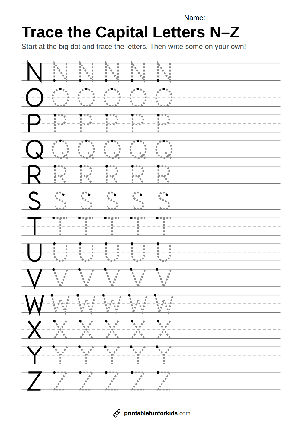 Alphabet tracing worksheet with dashed capital letters N to Z