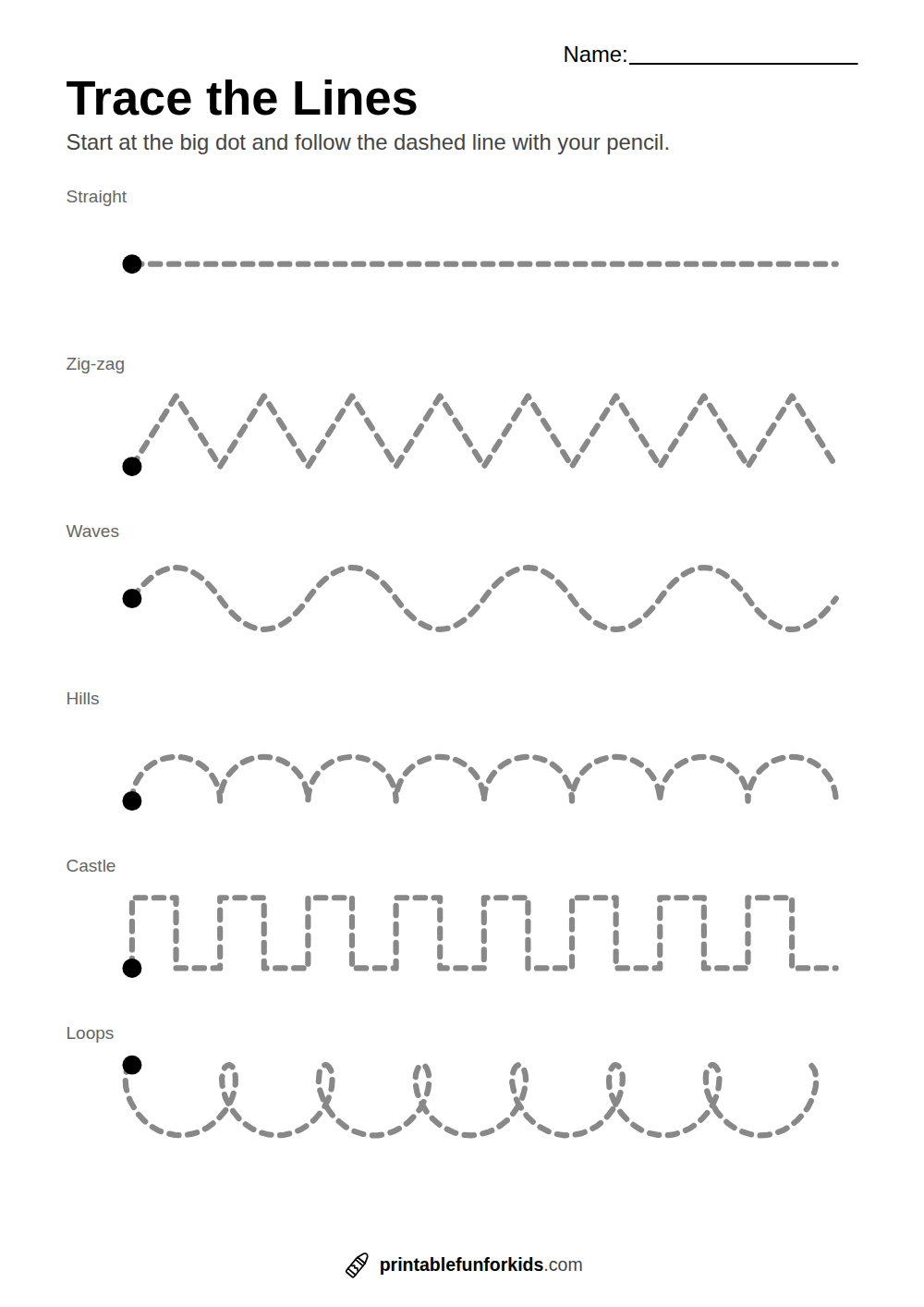 Tracing worksheet with dashed straight, zig-zag, wavy, hilly, castle and loopy lines