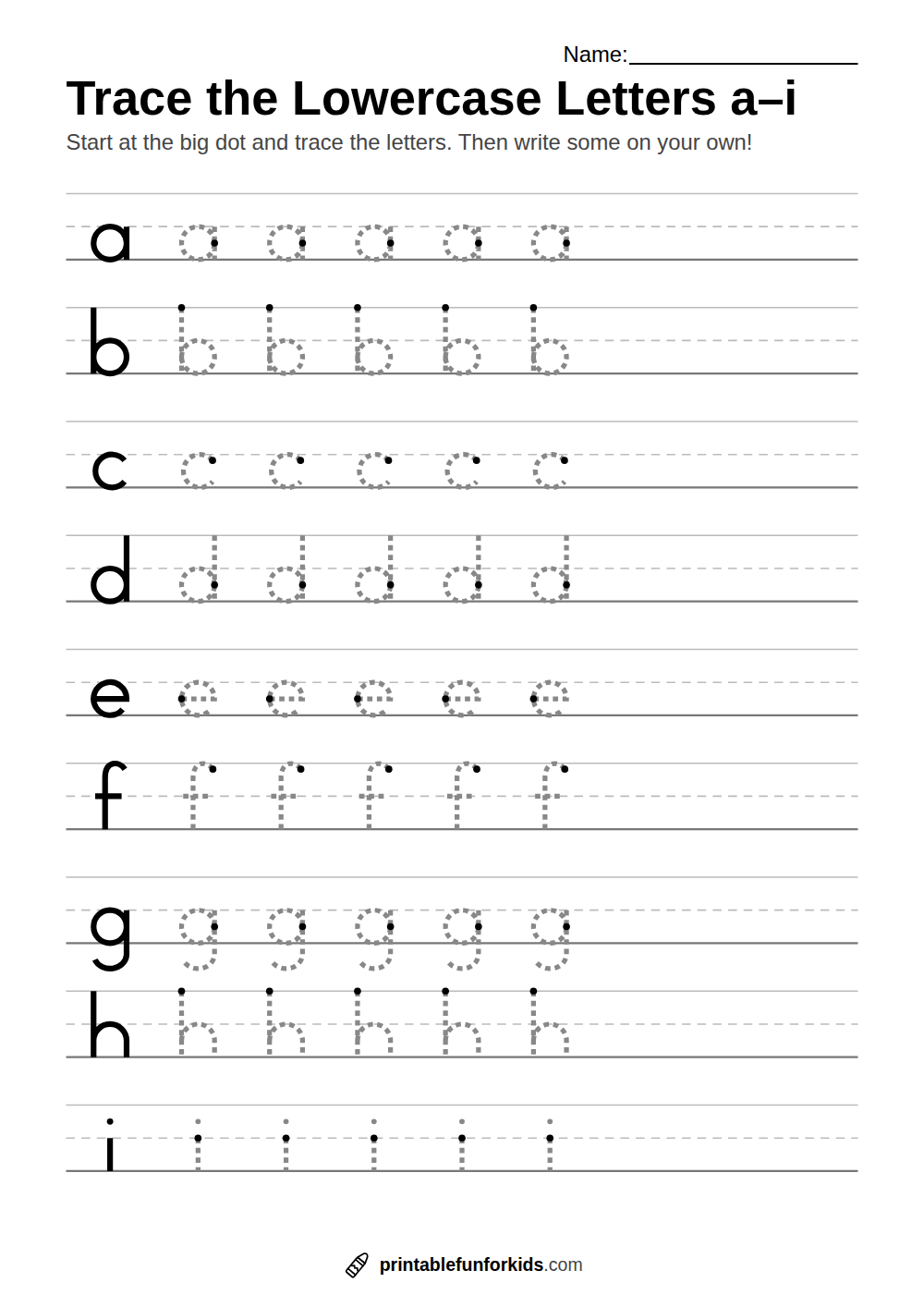 Alphabet tracing worksheet with large dashed lowercase letters a to i