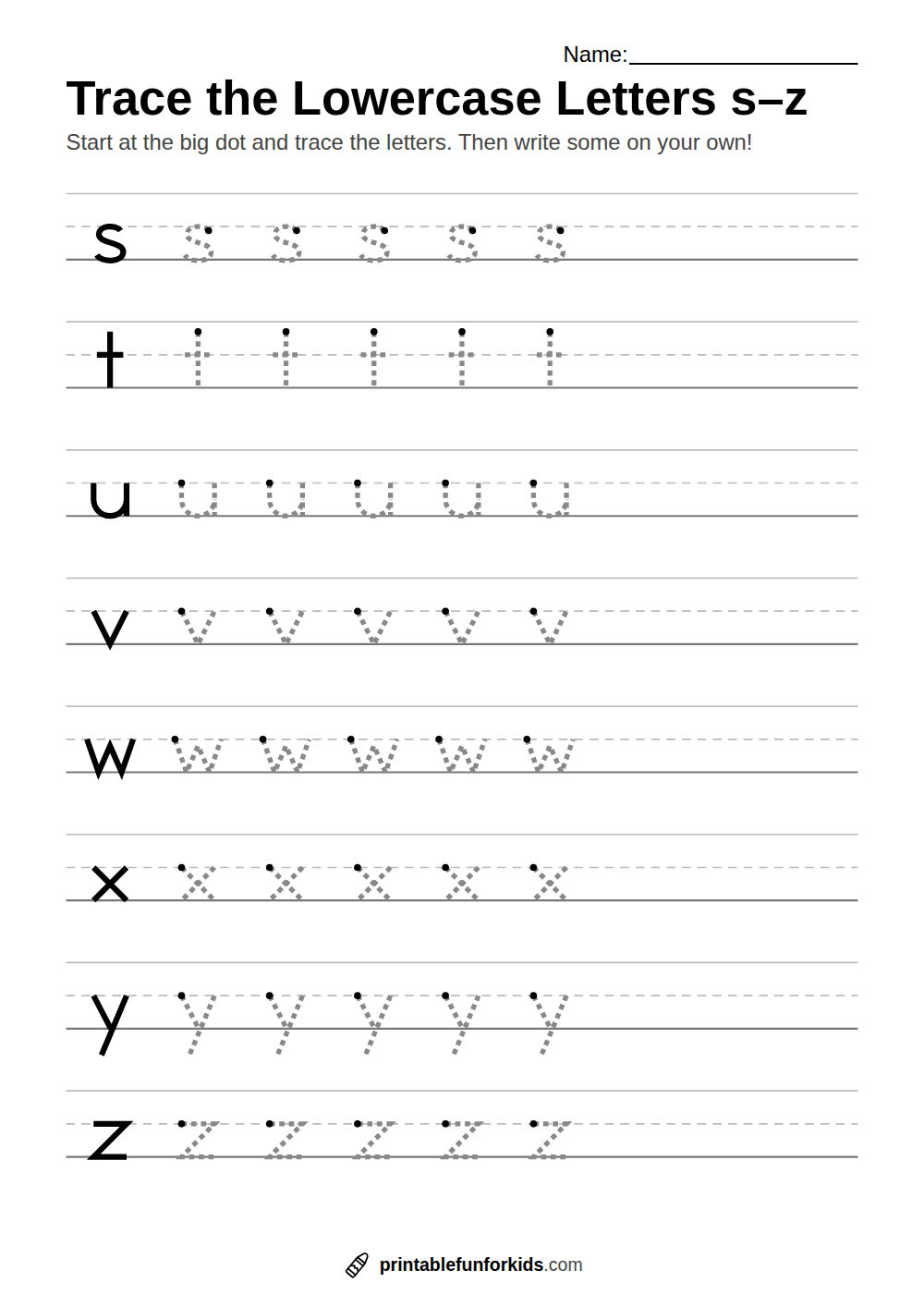 Alphabet tracing worksheet with large dashed lowercase letters s to z
