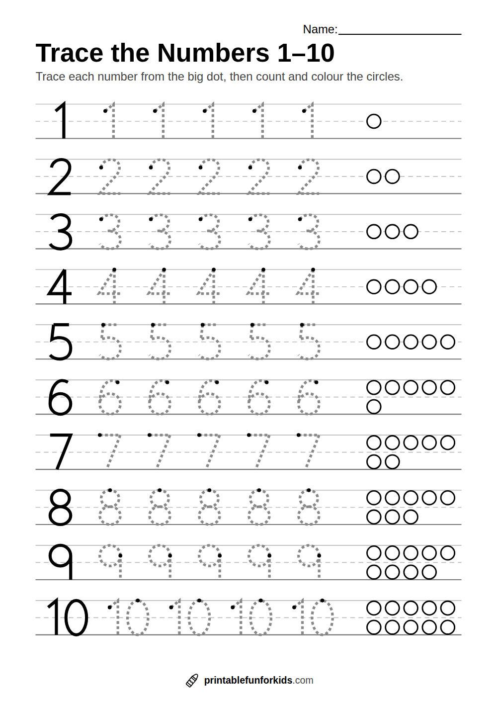 Tracing worksheet with dashed numbers 1 to 10 and circles to count